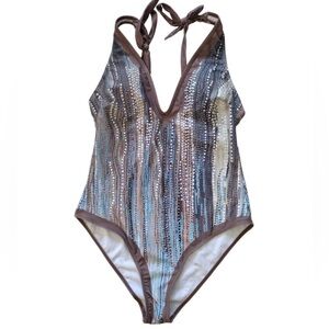 Unbranded Aqua Green abstract print one-piece swimsuit brown Trim Women’s Large